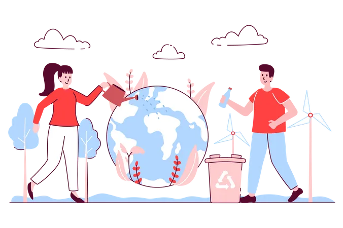 Environmental Protection Concept In Flat Line Design Man And Woman Take Care Of Planet Plants And Climate Sort Garbage And Recycle Waste Vector Illustration With Outline People Scene For Web Illustration
