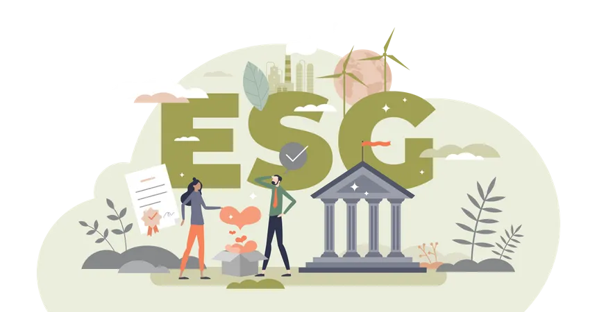 ESG Environmental Social Governance As Green Company Development Strategy Tiny Person Concept Ecological Resource Consumption And Renewable Energy Usage For Responsible Business Vector Illustration Illustration