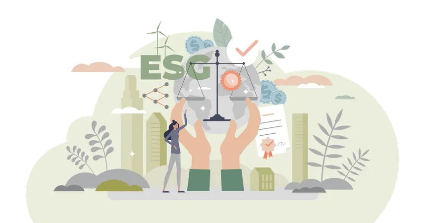 ESG As Environmental Social Governance Business Model Tiny Person Concept Sustainable And Green Company Resources Usage Commitment With Responsible Attitude To Nature And Future Vector Illustration イラスト