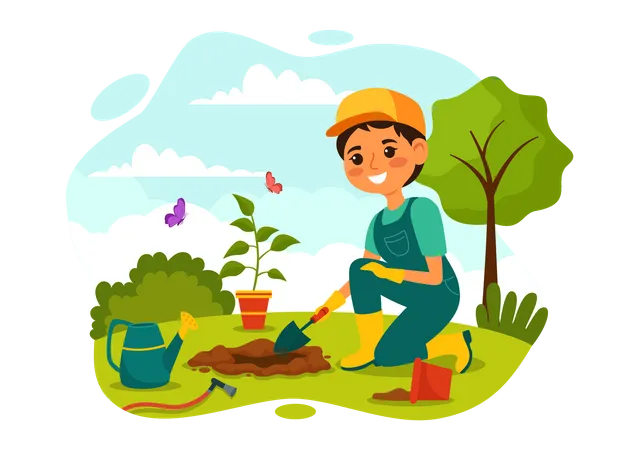 Planting Plants Vector Illustration With People Enjoy Gardening Plant Watering Or Digging In The Garden In Flat Kids Cartoon Background Design Illustration