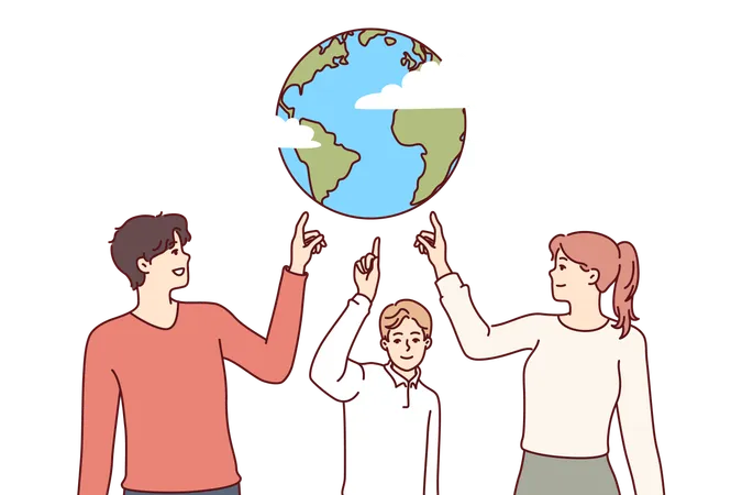 Environmentally Conscious People Of All Ages Point To Planet Together To Call For Stop To Pollution And Climate Change Family Of Parents And Child Recommends Celebrating Earth Day For Save Planet Illustration