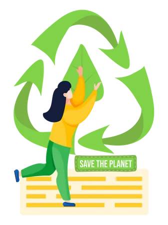The Girl Holds The Image Of A Green Leaf And Raises It Save The Planet Concept People Protect The Environment And Do Not Harm It Garbage Recycling Logo On Background Waste Free Production Illustration
