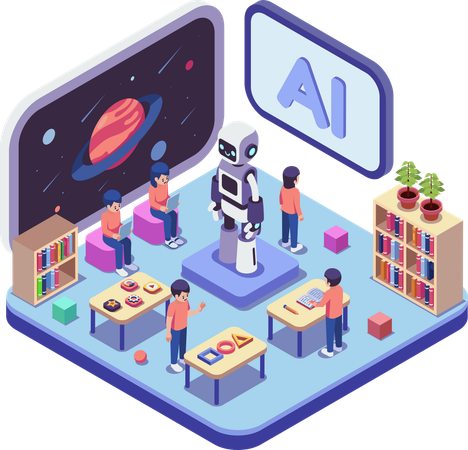 Environnement d'apprentissage IA avec robot et élèves. Intelligence artificielle pour enfants.  Illustration