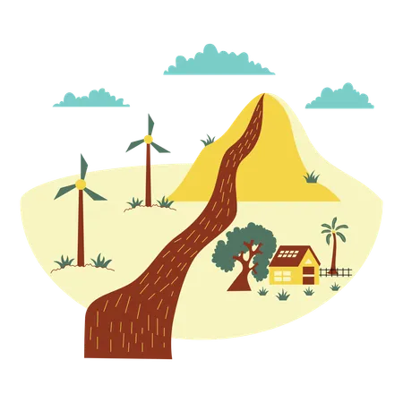 Environnement de paysage avec moulin à vent  Illustration