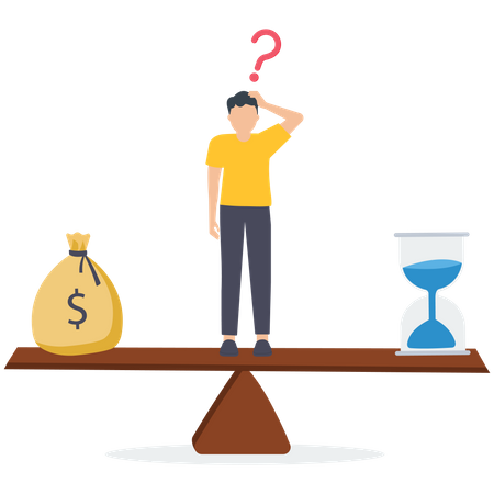 Equilibrio de tiempo y dinero, peso entre el trabajo y la vida, inversión o ahorro a largo plazo, control o toma de decisiones  Ilustración