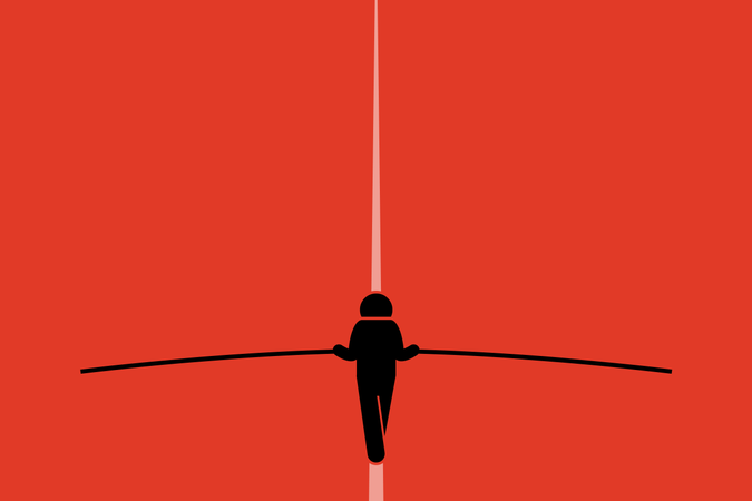 Equilibrista caminando y balanceándose sobre el alambre con un palo largo.  Ilustración