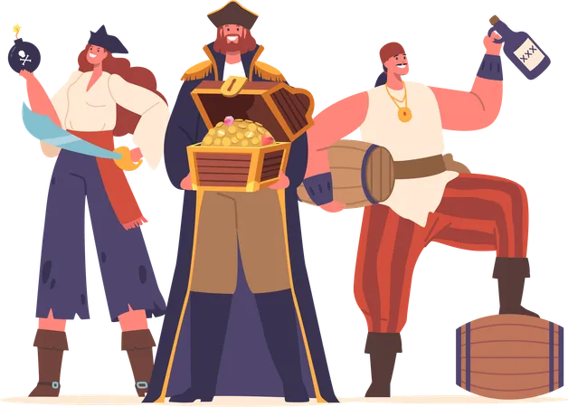 Personnages masculins et féminins de l'équipage de pirates féroces avec une tenue en lambeaux  Illustration