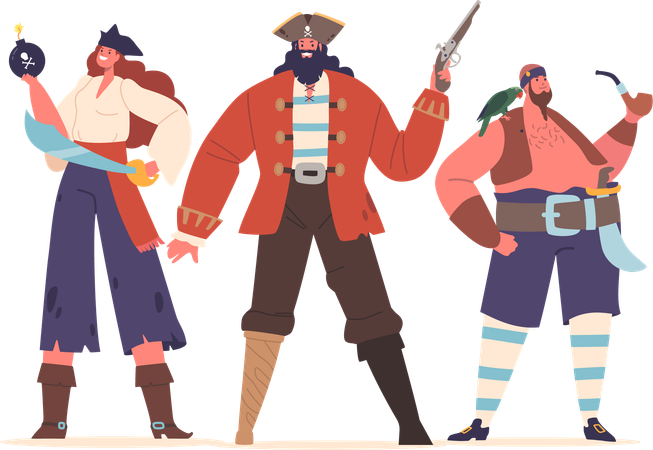 Personnages féminins masculins de l'équipage de pirates audacieux en tenue en lambeaux  Illustration