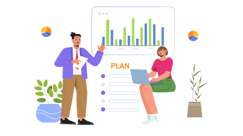 Équipe commerciale travaillant sur l'analyse du plan  Illustration