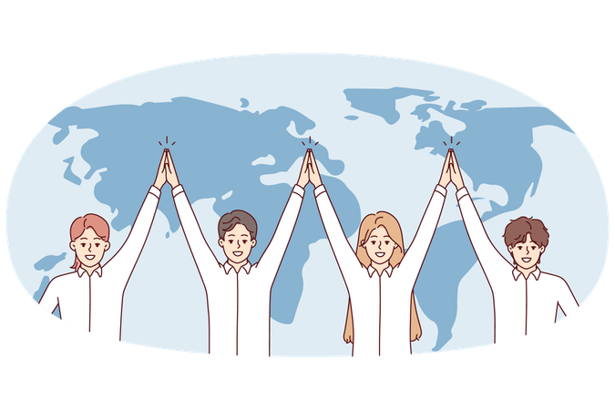 Equipe amigável de empresa internacional está de pé perto do mapa-múndi com as mãos para cima  Ilustração