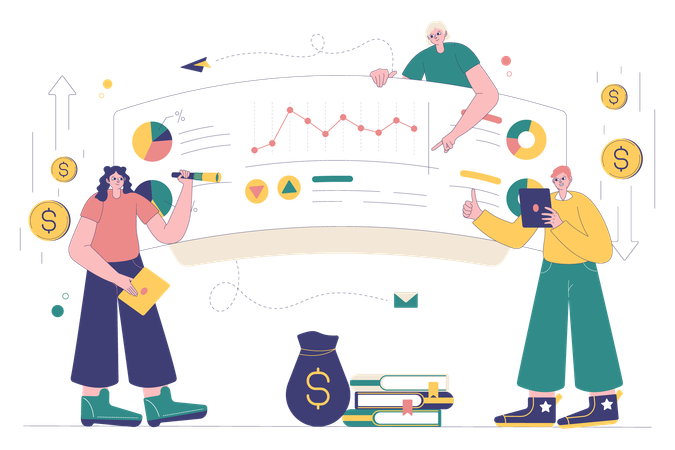 Equipe analisando taxa de ações do mercado de ações  Ilustração