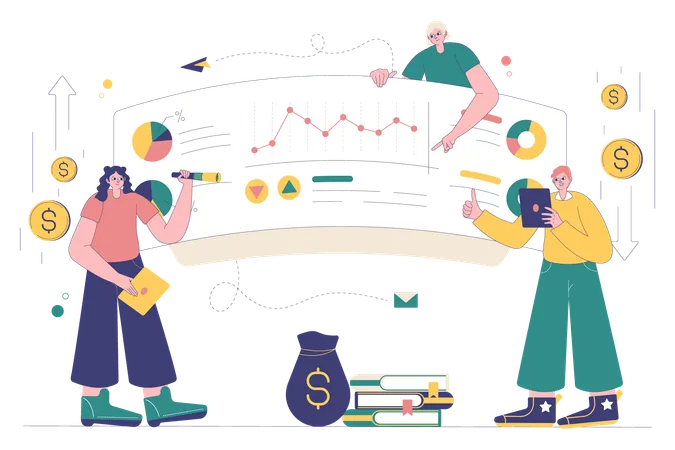 Equipe analisando taxa de ações do mercado de ações  Ilustração