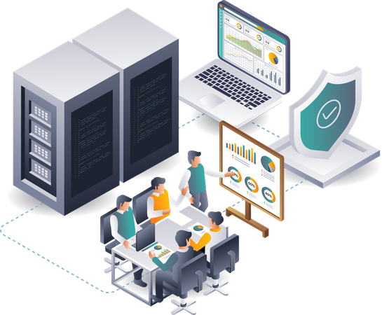 Equipe analisando dados do servidor em nuvem  Ilustração