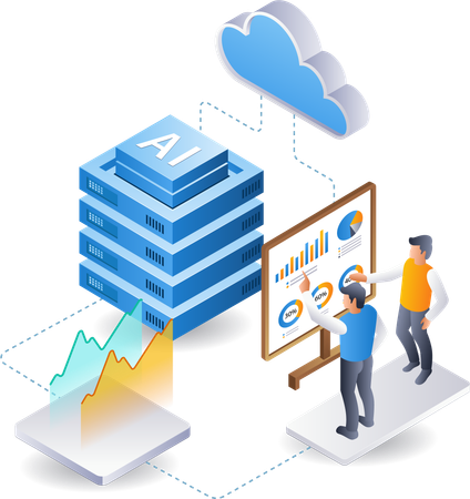 Equipe analisando dados de desenvolvimento de IA do servidor em nuvem  Ilustração