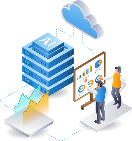 Equipe analisando dados de desenvolvimento de IA do servidor em nuvem  Ilustração