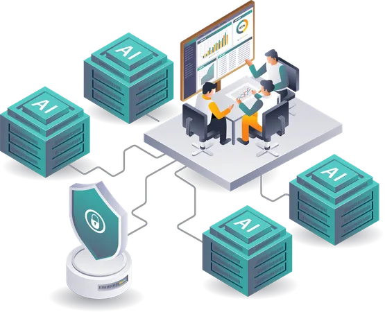 Equipe analisando segurança de dados em nuvem  Ilustração