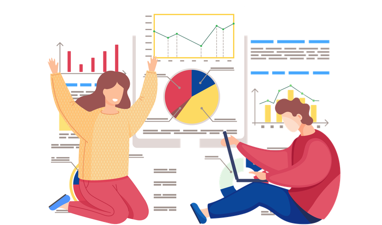 Une équipe analyse un diagramme circulaire d'entreprise  Illustration