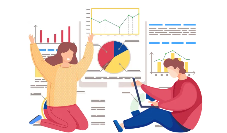 Une équipe analyse un diagramme circulaire d'entreprise  Illustration