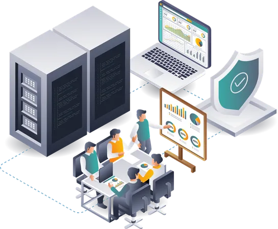 Équipe analysant les données du serveur cloud  Illustration