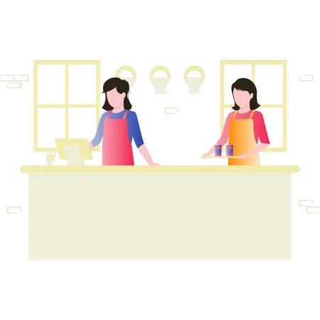 Equipe feminina de chef fazendo comida  Ilustração
