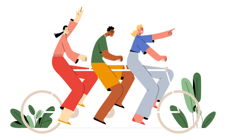 Equipe pedalando juntos, movendo-se juntos  Ilustração