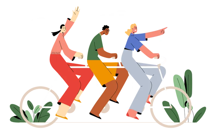 Equipe pedalando juntos, movendo-se juntos  Ilustração