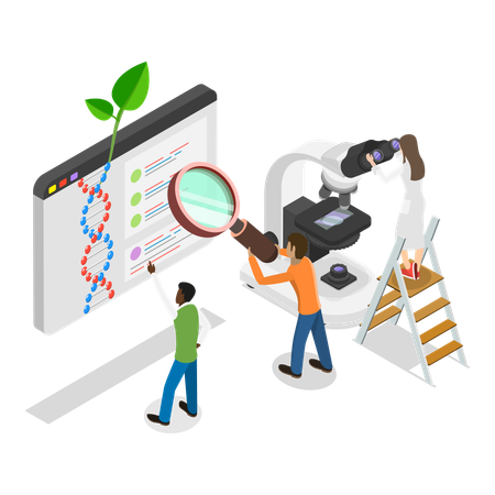 Equipe científica trabalhando em pesquisa de DNA  Ilustração