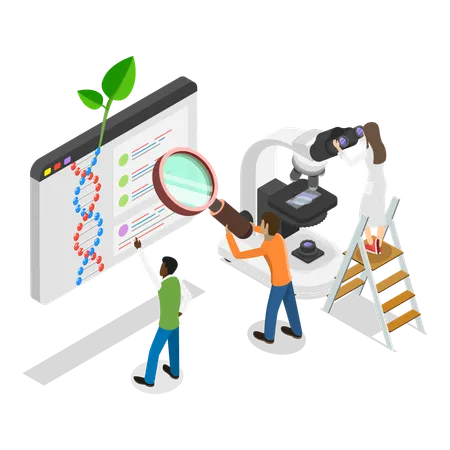 Equipe científica trabalhando em pesquisa de DNA  Ilustração