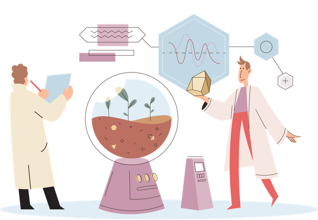 Equipe de cientistas pesquisa sobre planta  Ilustração