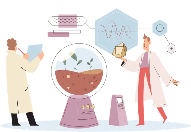 Equipe de cientistas pesquisa sobre planta  Ilustração