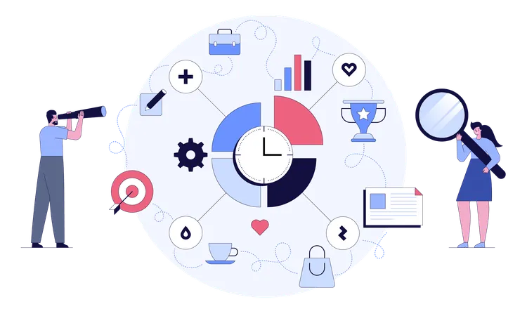 Une équipe commerciale accomplit sa tâche grâce à des outils de planification du temps efficaces  Illustration