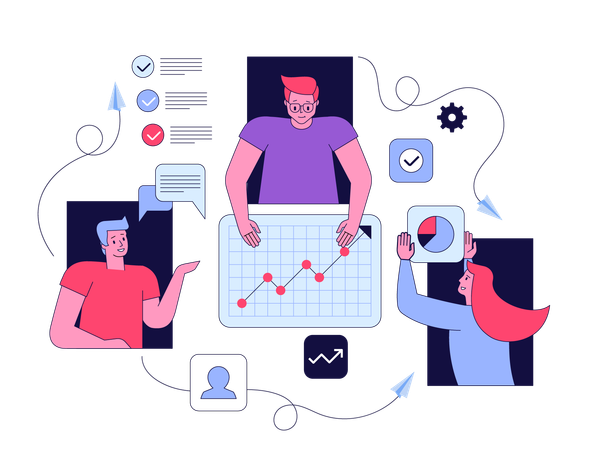 Une équipe commerciale effectue une analyse commerciale à domicile  Illustration