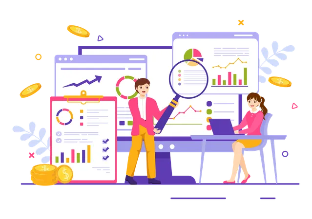 Équipe commerciale travaillant sur l'analyse des données  Illustration