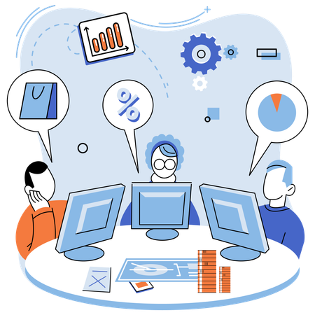 Équipe commerciale travaillant sur l'analyse des ventes promotionnelles  Illustration