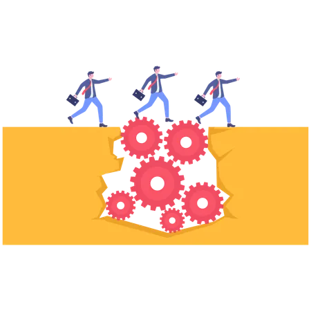 Une équipe commerciale passe à travers les engrenages sur le chemin  Illustration