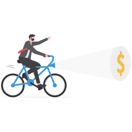 Équipe d'hommes d'affaires faisant du vélo avec une lampe de poche et recherchant le signe du dollar  Illustration