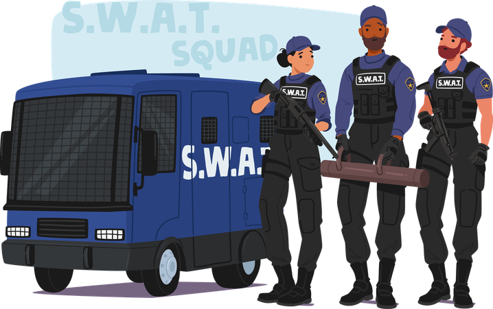 Equipe da SWAT em pé ao lado de seu veículo blindado  Ilustração