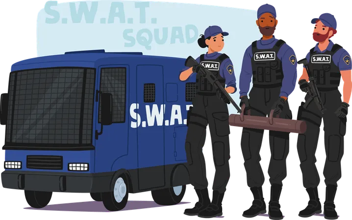 Equipe da SWAT em pé ao lado de seu veículo blindado  Ilustração