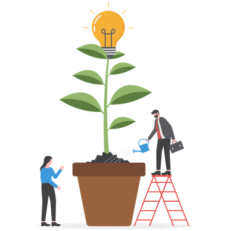 Équipe d'affaires arrosant l'arbre en croissance avec une idée d'entreprise  Illustration