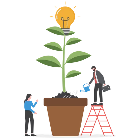 Équipe d'affaires arrosant l'arbre en croissance avec une idée d'entreprise  Illustration