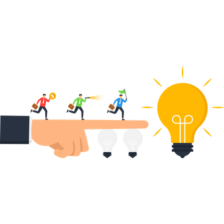 Une équipe d'affaires en marche vers une idée brillante, guidant l'innovation et le succès  Illustration