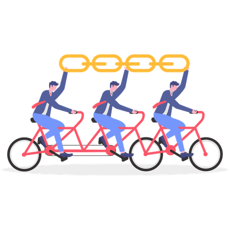 Une équipe d'affaires fait du vélo ensemble tout en se connectant via un lien  Illustration