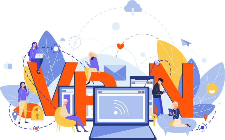 Équipe commerciale travaillant sur le réseau VPN  Illustration