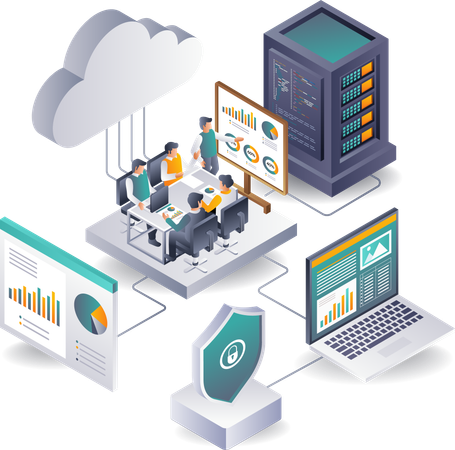 Equipe de análise de dados para bancos de dados de servidores em nuvem  Ilustração