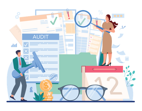 Equipe de auditoria empresarial analisando dados  Ilustração