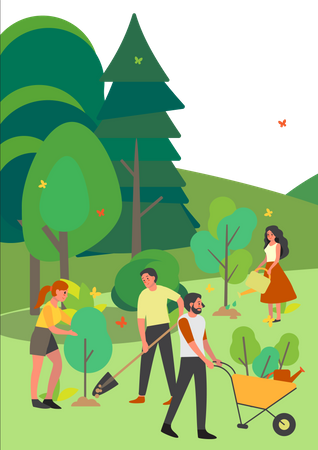 Équipe de bénévoles plantant des arbres dans le parc  Illustration
