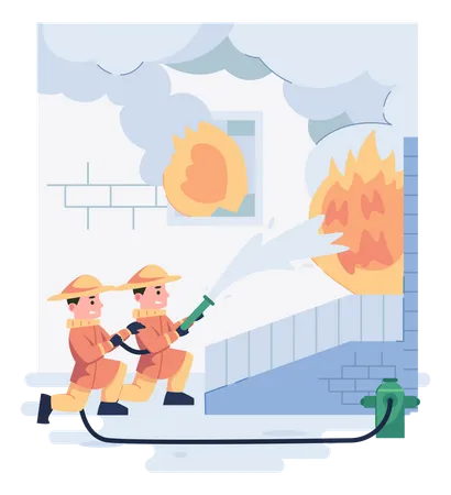 Equipe de bombeiro apagando o fogo usando hidrante  Ilustração