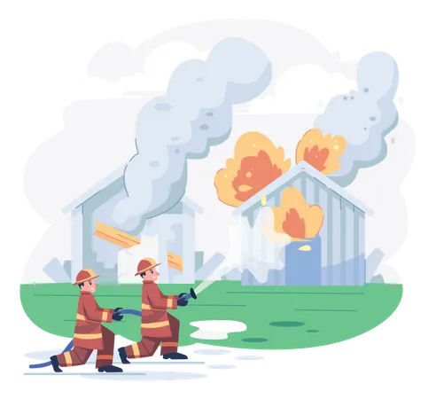 Equipe de bombeiros combate incêndio causado em galpão  Ilustração