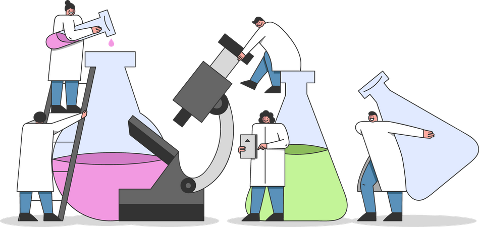 Équipe de chimistes fabriquant un produit chimique  Illustration