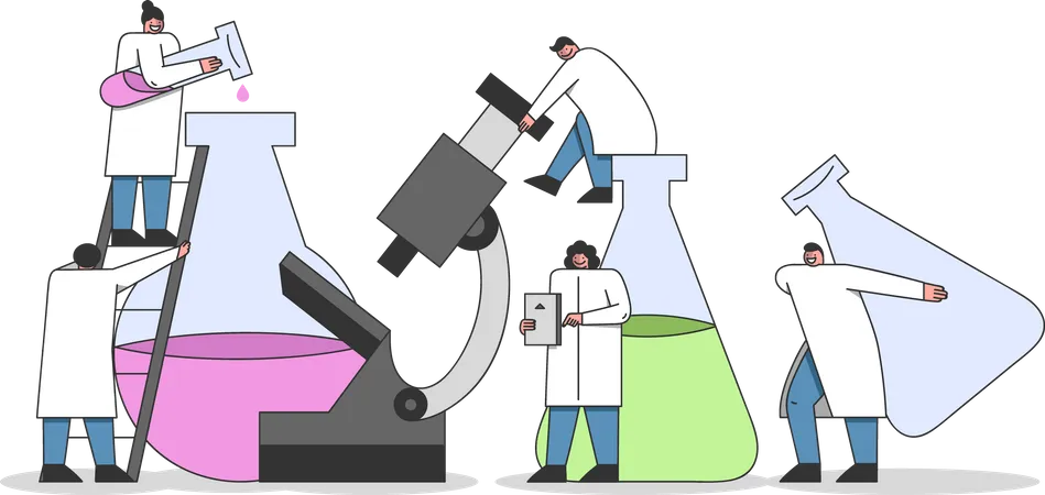 Équipe de chimistes fabriquant un produit chimique  Illustration